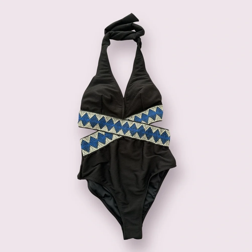 Cupshe Black and Blue Patterned One Piece swimsuit NEW